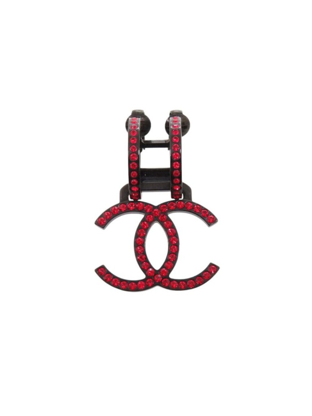 Chanel CC Logo Hoop Earrings Rhinestone Metal Red Black Stamp